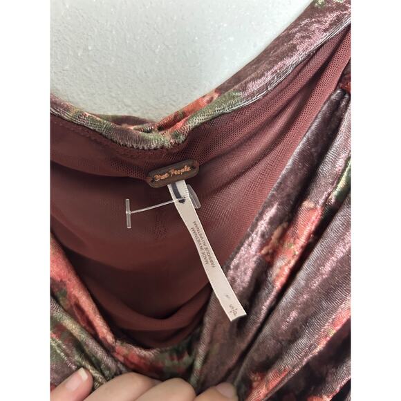 Free People Reina Top Floral Velvet Brown Ruched Boho Date Night Size Small - Picture 3 of 6